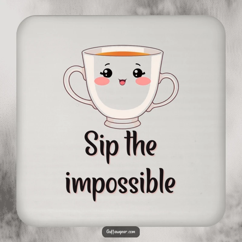 Funny drink coaster featuring a teacup with a cute face, adorably trying to drink from its own handle, protecting surfaces with humor.