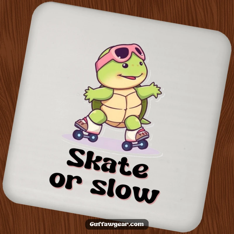Funny Turtle Roller Skate Coaster: A turtle comically slides on roller skates, a humorous coaster to protect surfaces.