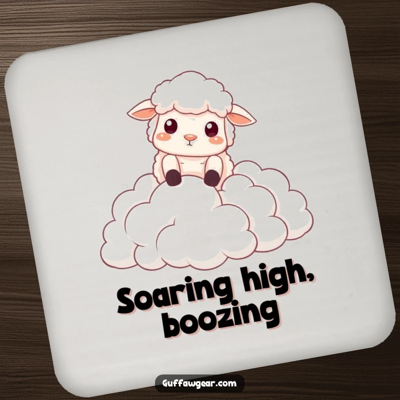 Funny drink coaster illustrating a sheep's dramatic fall into soft clouds, protecting surfaces with a touch of humor.
