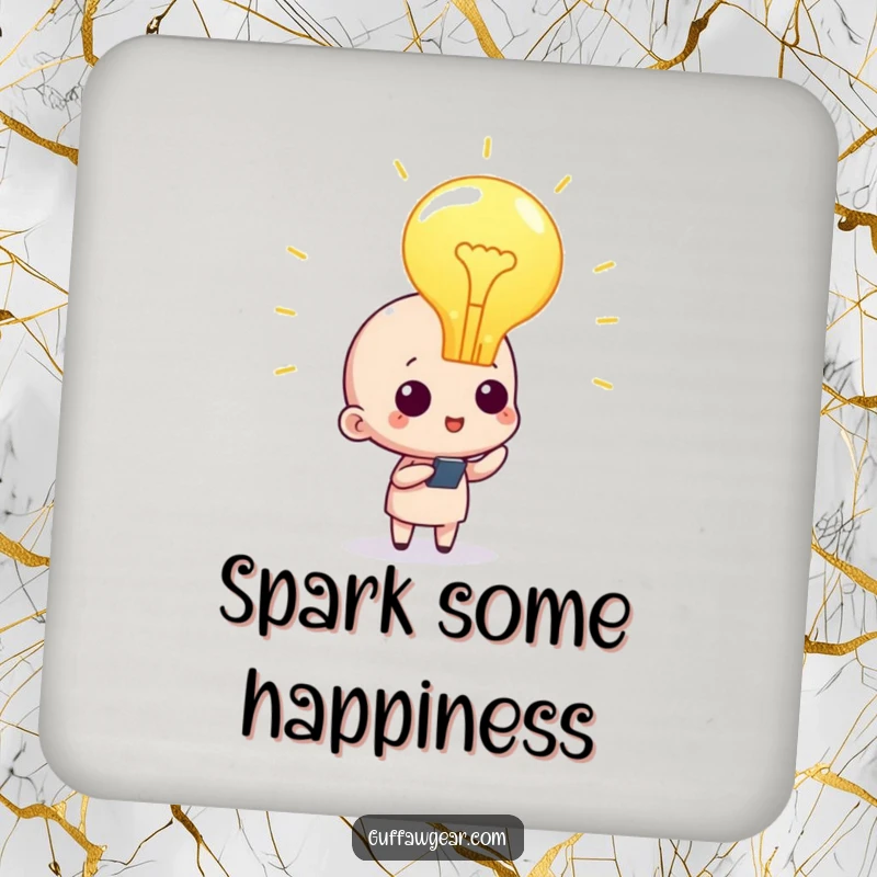 Funny lightbulb inspiration drink coasters, featuring a character with a glowing lightbulb, ideal for protecting surfaces with a touch of genius.