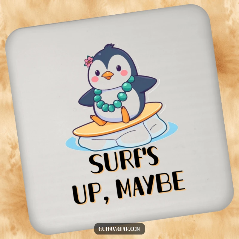 Funny Penguin Surf Coaster: A penguin with a lei comically slides down an ice floe, a humorous coaster to protect surfaces.