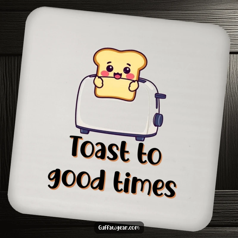 Funny drink coaster featuring a cheerful toast character popping out of a toaster with a surprised face, safeguarding surfaces.
