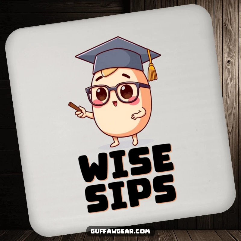 Funny drink coaster with a food character wearing a graduation cap and spectacles, lecturing, perfect for protecting surfaces.
