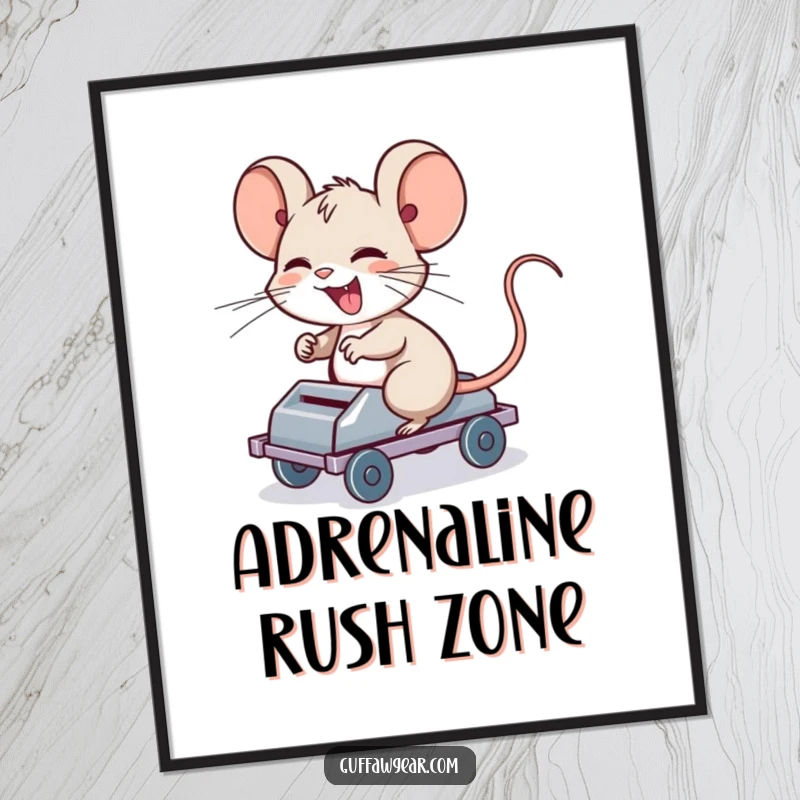 Funny Computer Mouse Poster: A giggling computer mouse character riding a rolling mouse trap, a humorous piece of wall art.