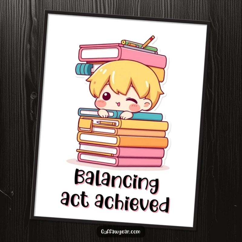 Funny poster depicting a character precariously balancing a large stack of office supplies, a humorous visual about organization and chaos.