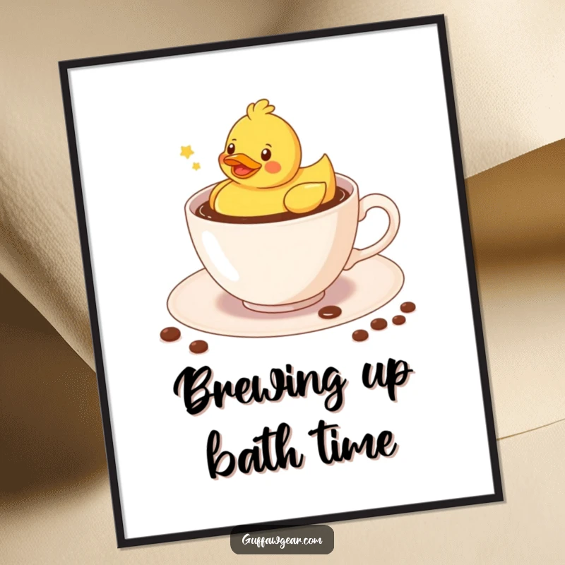Funny Kawaii rubber duck floating merrily in a coffee-filled teacup, a humorous art print for wall decor.