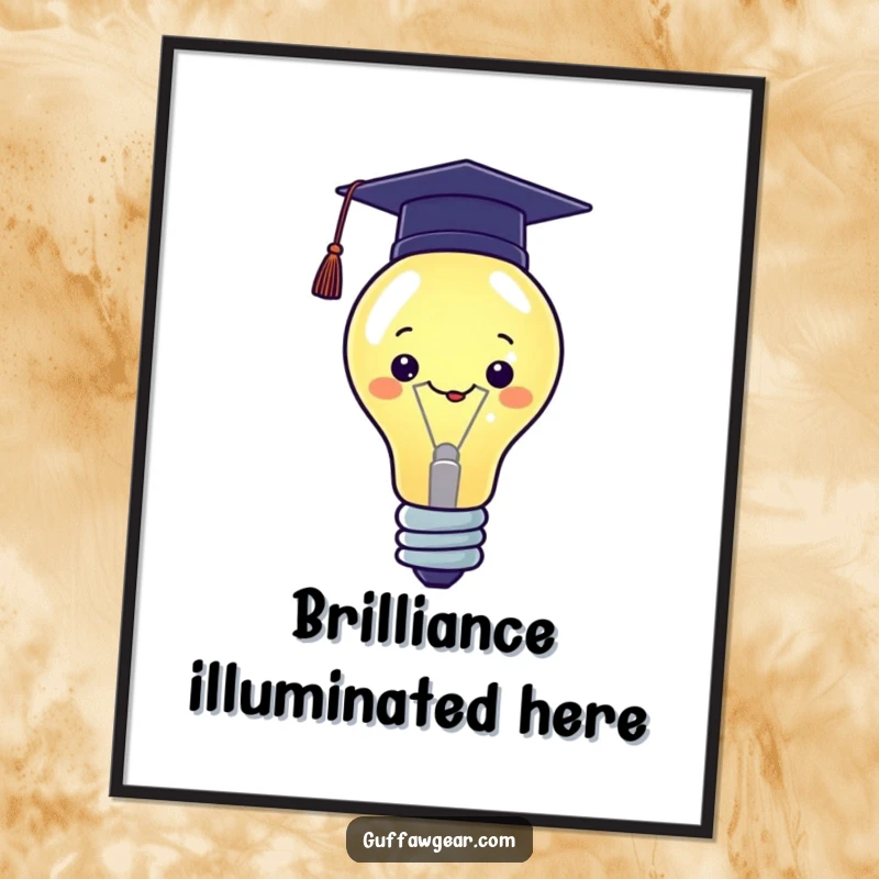 Funny Kawaii poster art of a proud lightbulb character wearing a graduation cap, symbolizing intelligence and success.