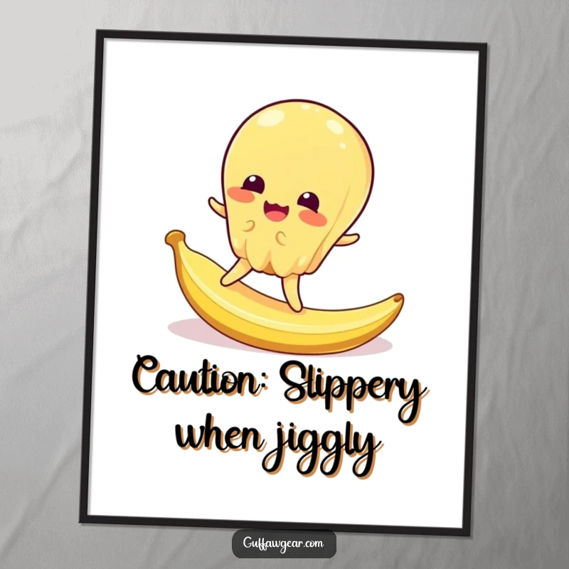 Funny poster showing a jiggly jelly character comically slipping on a miniature banana peel, bringing visual humor to any room.