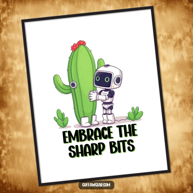 Funny poster depicting a small robot's fervent hug towards a giant, formidable cactus, evoking humor and empathy.