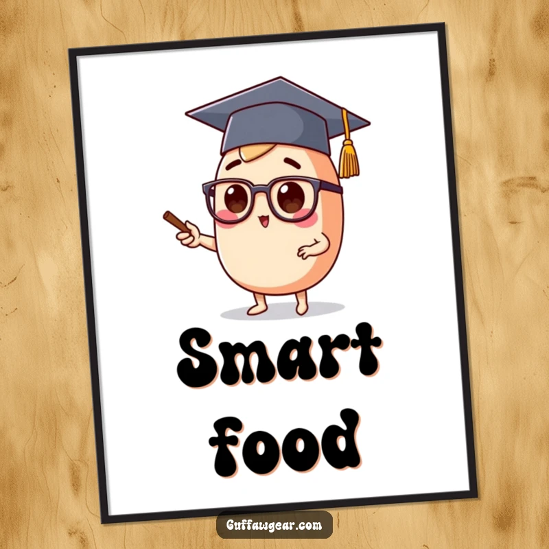Funny poster art of a food character wearing a graduation cap and spectacles, lecturing with an enlightened expression.