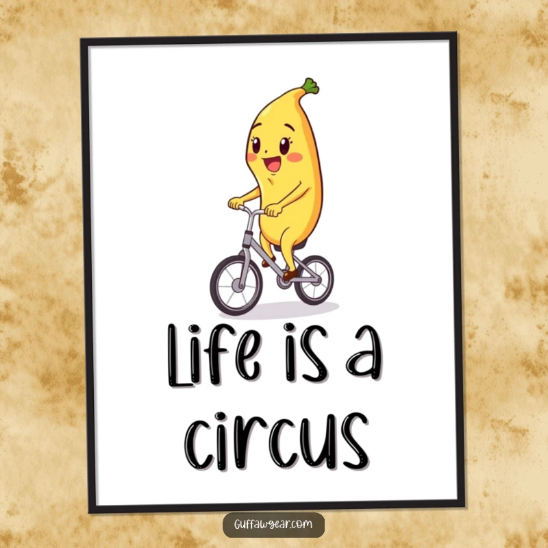 Funny poster featuring a happy banana character pedaling a miniature unicycle, radiating pure joy and quirky artistic flair.