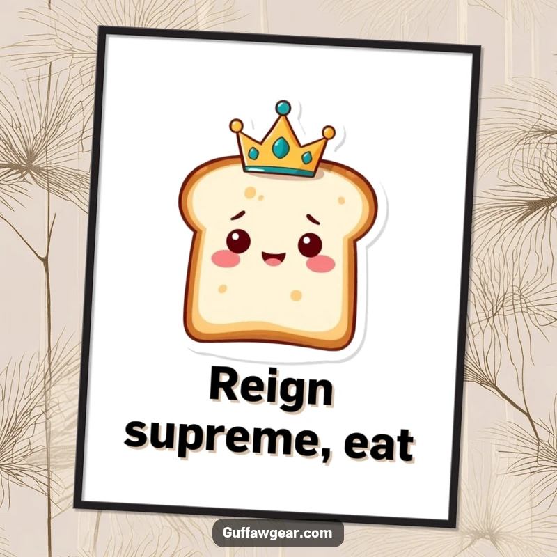 Funny poster featuring a delighted slice of bread character wearing a tiny crown, perfect for adding whimsical, royal humor to walls.