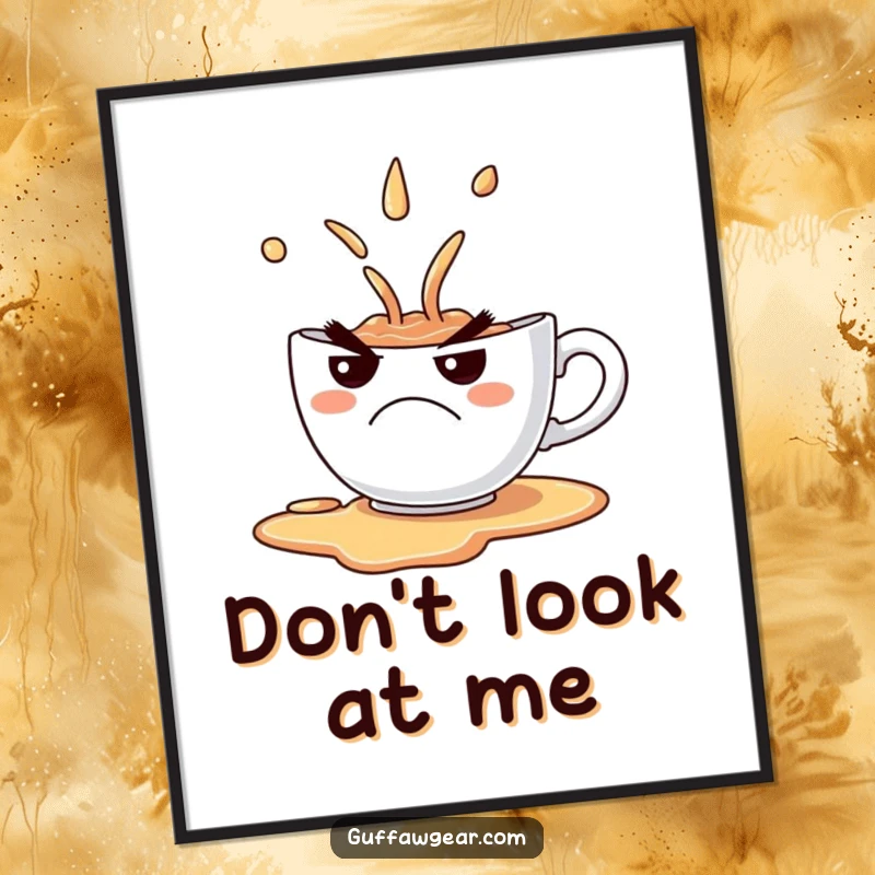 Funny Poster of a grumpy teacup spilling its contents with a comical frown, adding humor to any wall.