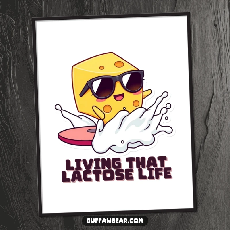 Funny Kawaii cheese in sunglasses surfs a milk wave, a humorous and colorful art print for wall decoration.