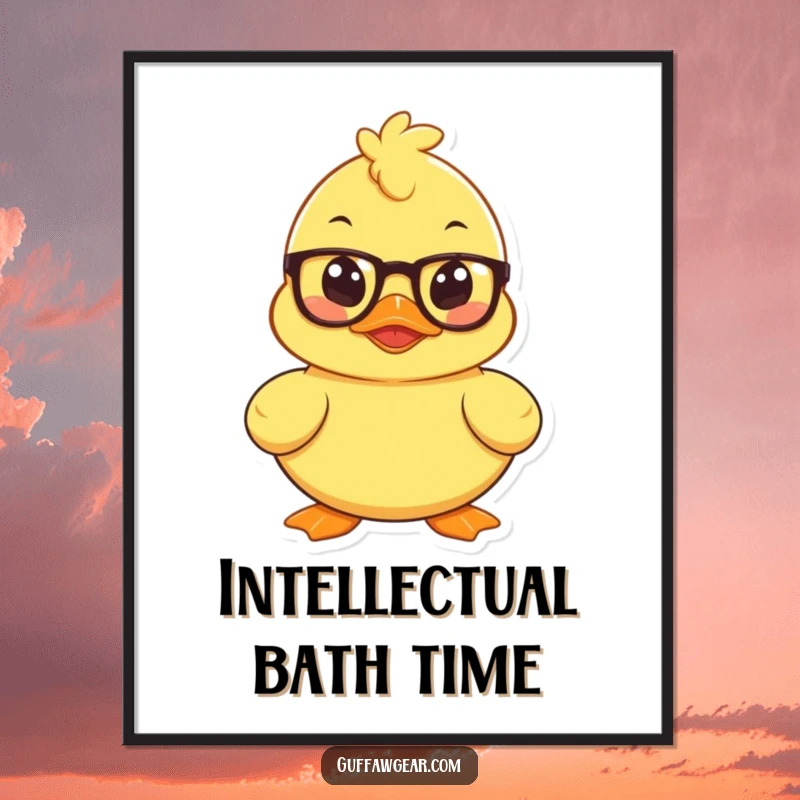 Funny poster art of a mischievous rubber duck wearing tiny spectacles, intently plotting, adding intellectual humor to decor.