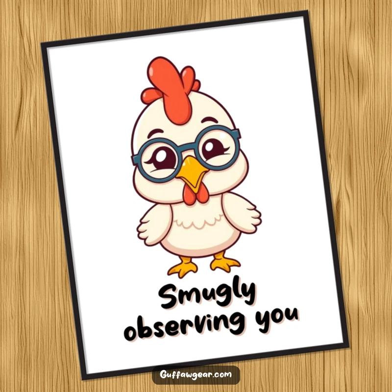 Funny rubber chicken wearing a monocle, comically winking, presented as a sophisticated and humorous wall art poster.