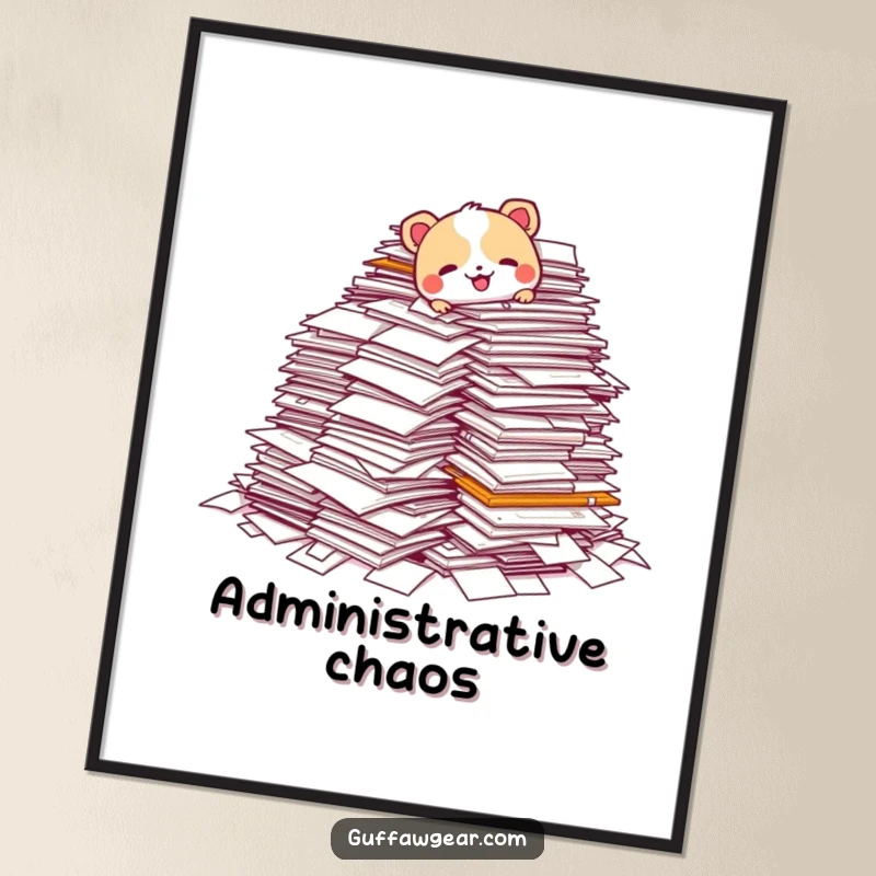 Funny poster depicting an animal character hilariously tripping over a vast quantity of paperwork, a visual gag about administrative burdens.