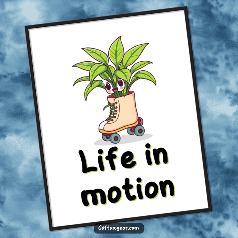 Funny poster art showing a houseplant wearing roller skates, comically swerving with a dynamic and humorous motion, perfect for adding personality to any room.