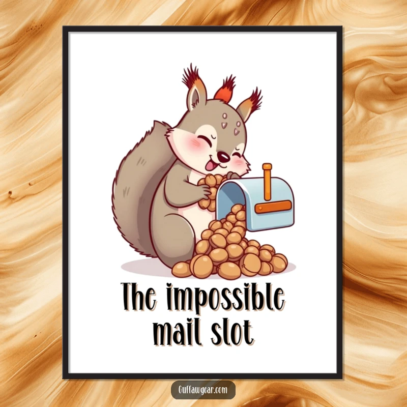 Funny Squirrel Poster: A humorous illustration of a squirrel comically trying to stuff a large pile of nuts into a minuscule mailbox.