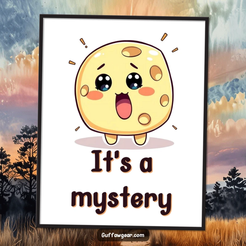 Funny Cheese Poster: A surprised piece of cheese character with holes rapidly appearing, adding humorous food decor.