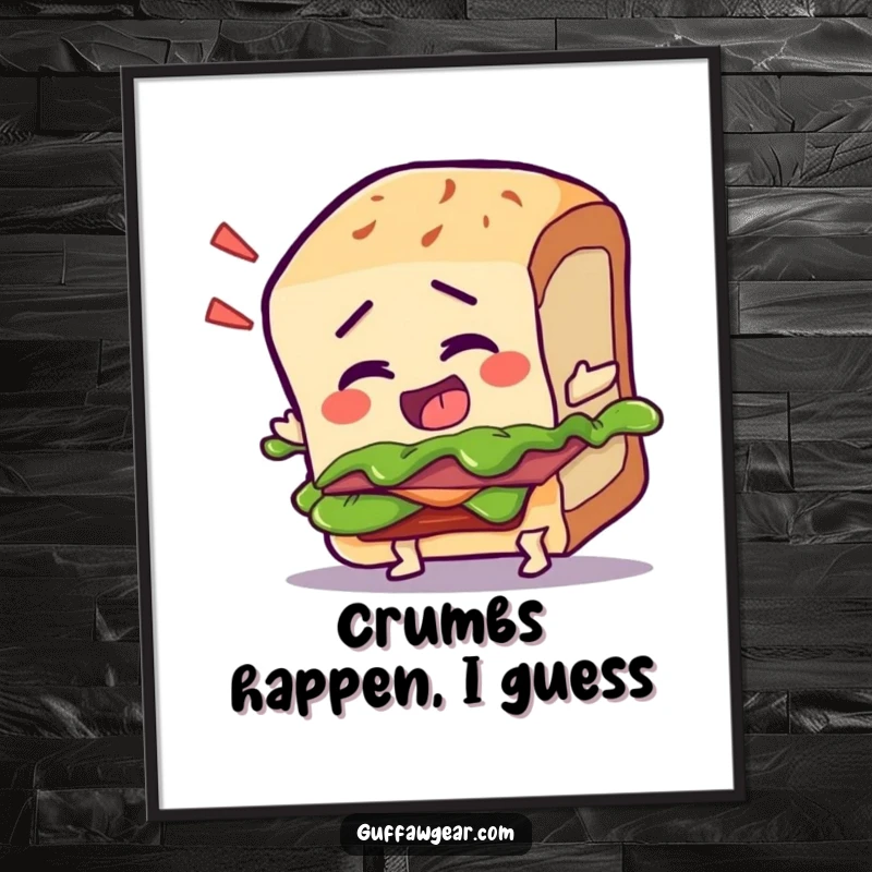 Funny poster art of a talking sandwich character dramatically tripping over its crust, adding food-related humor to decor.