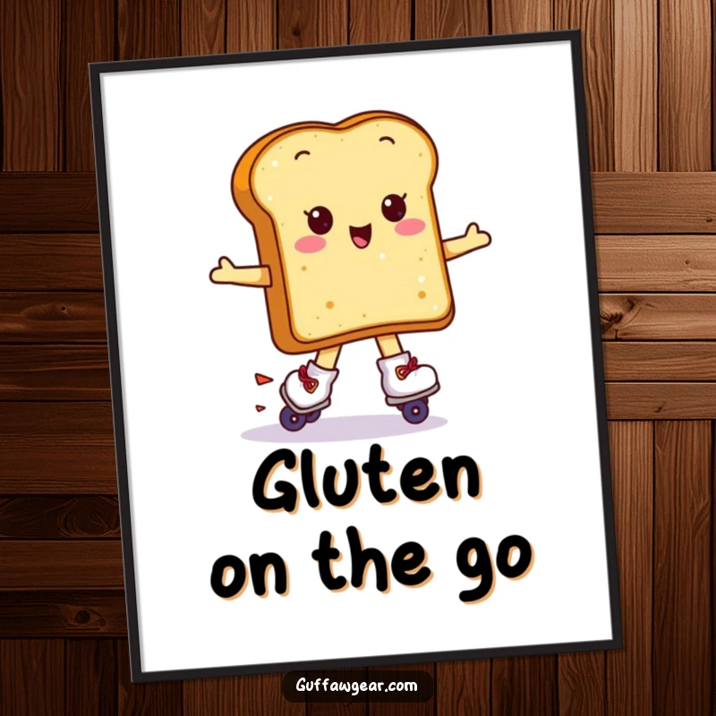 Funny Kawaii toast wearing roller skates attempting a spin, a humorous art print for wall decoration.