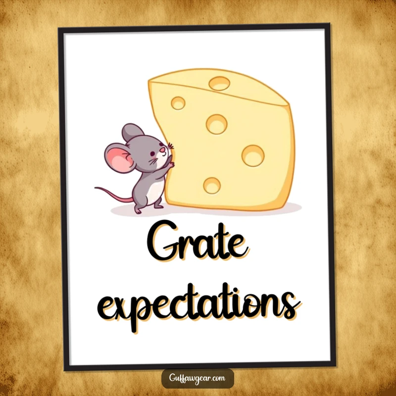 Funny poster art of a mouse struggling to lift a large Swiss cheese wedge, symbolizing effort, humor, and overcoming obstacles.