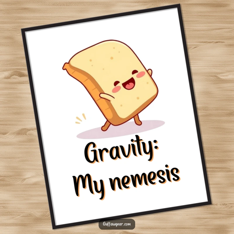 Funny poster of a loaf of bread joyfully attempting a cartwheel and humorously falling, a delightful depiction of effort.