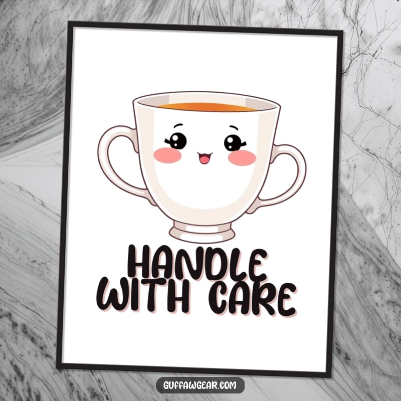 Funny poster art of a teacup with an adorable face, comically attempting to drink from its own handle, creating a whimsical and humorous scene.