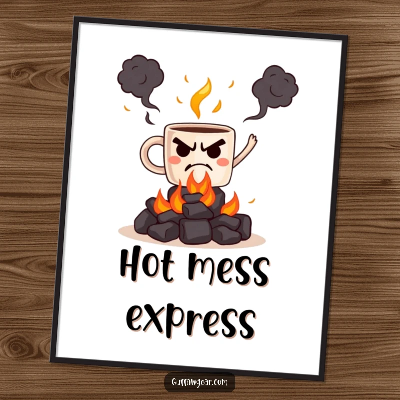 Funny poster of a grumpy coffee mug juggling burning hot coals, creating a visually striking and humorous piece.