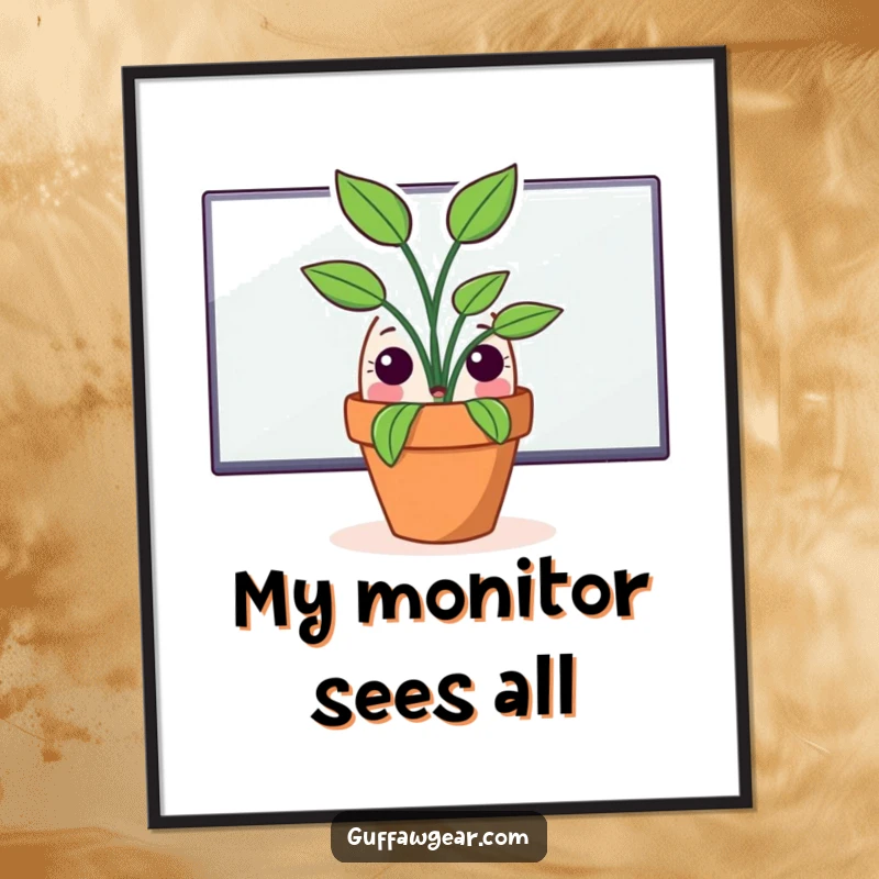 Funny poster print of a potted plant character with a surprised expression, peeking from behind a large computer monitor, adding humor to walls.
