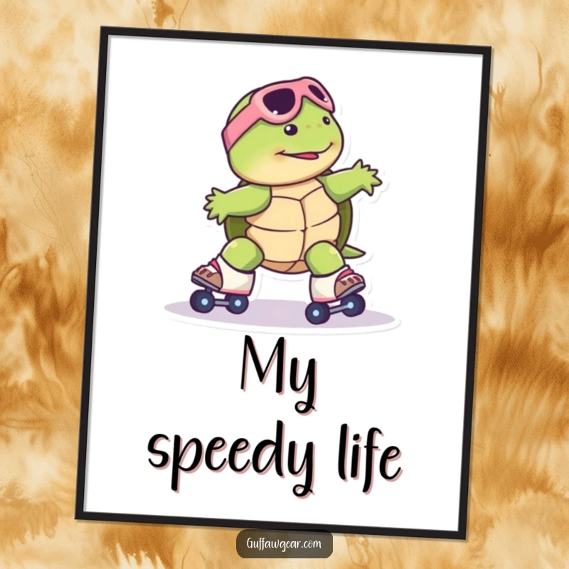 Funny Turtle Roller Skate Poster: A turtle comically attempts roller skating and slides uncontrollably, creating humorous wall art.