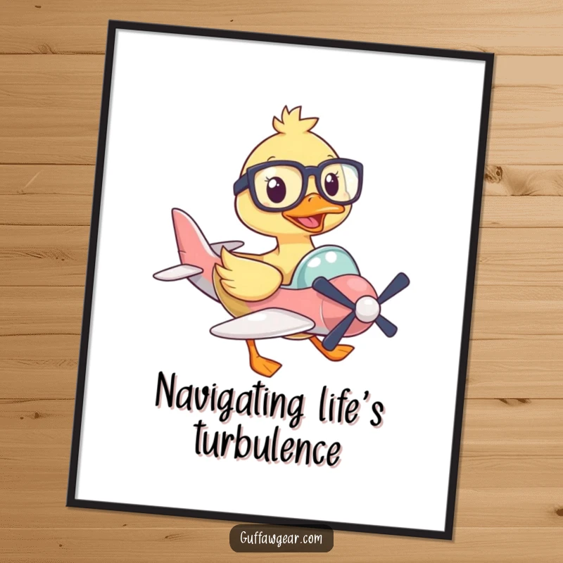Funny poster of a duck wearing big glasses, comically flying a very small airplane, perfect wall art for aviators.