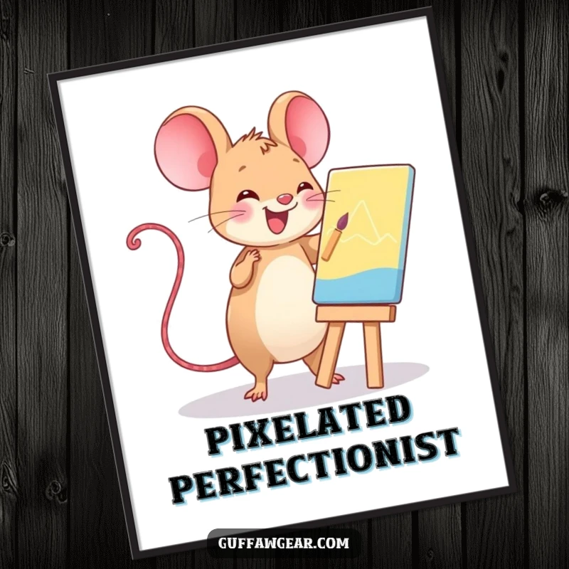 Funny Kawaii computer mouse painting a masterpiece on a tiny easel, a humorous art print for wall decor.