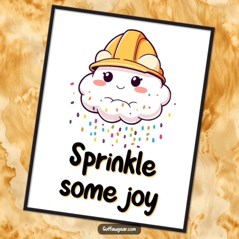 Funny Poster print of a cloud wearing a construction helmet, raining colorful sprinkles, creating a visually cheerful and whimsical display.