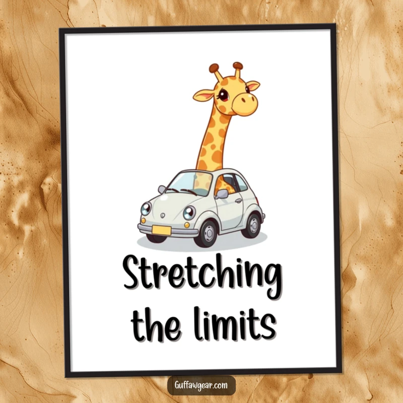Funny poster art of a giraffe awkwardly trying to fit into a minuscule car, adding whimsical and comical decor.