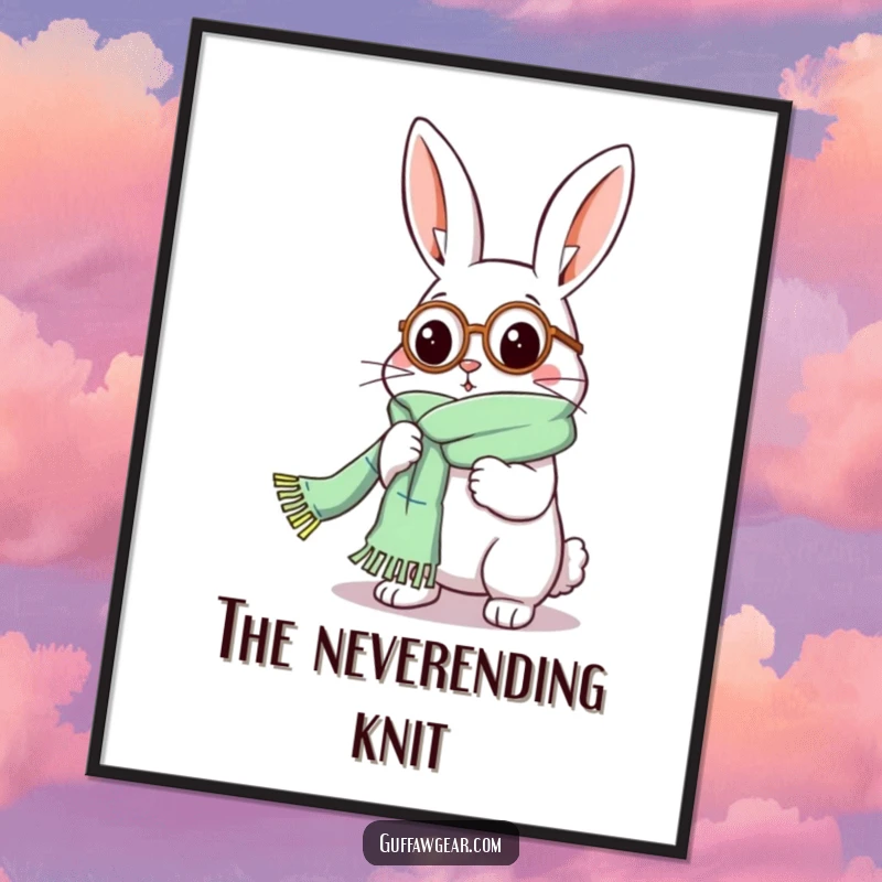Funny Rabbit Poster: A humorous illustration of a rabbit in a monocle comically knitting a scarf of impossible length.