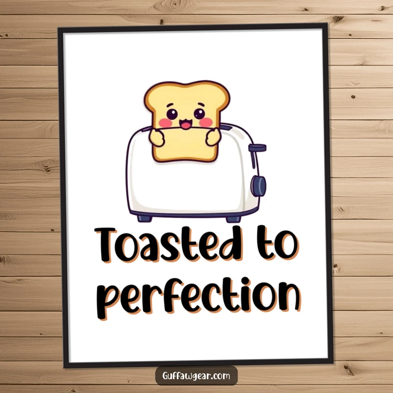 Funny poster showing a happy toast character popping out of a toaster with a surprised face, adding humorous decor.
