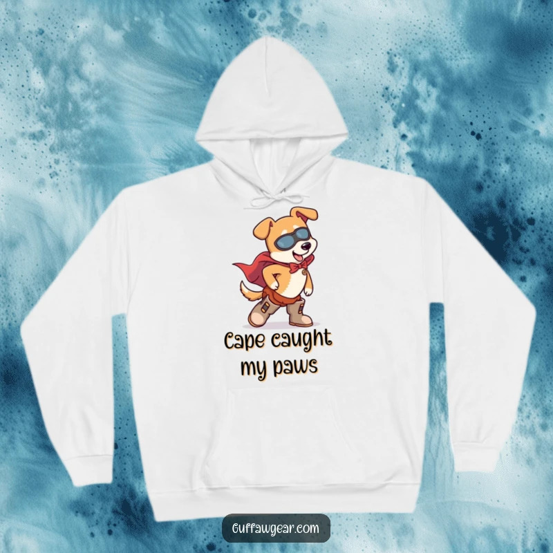 Funny Dog Superhero Hoodie: A heroic dog in a cape comically trips over its oversized boots, designed for warmth.