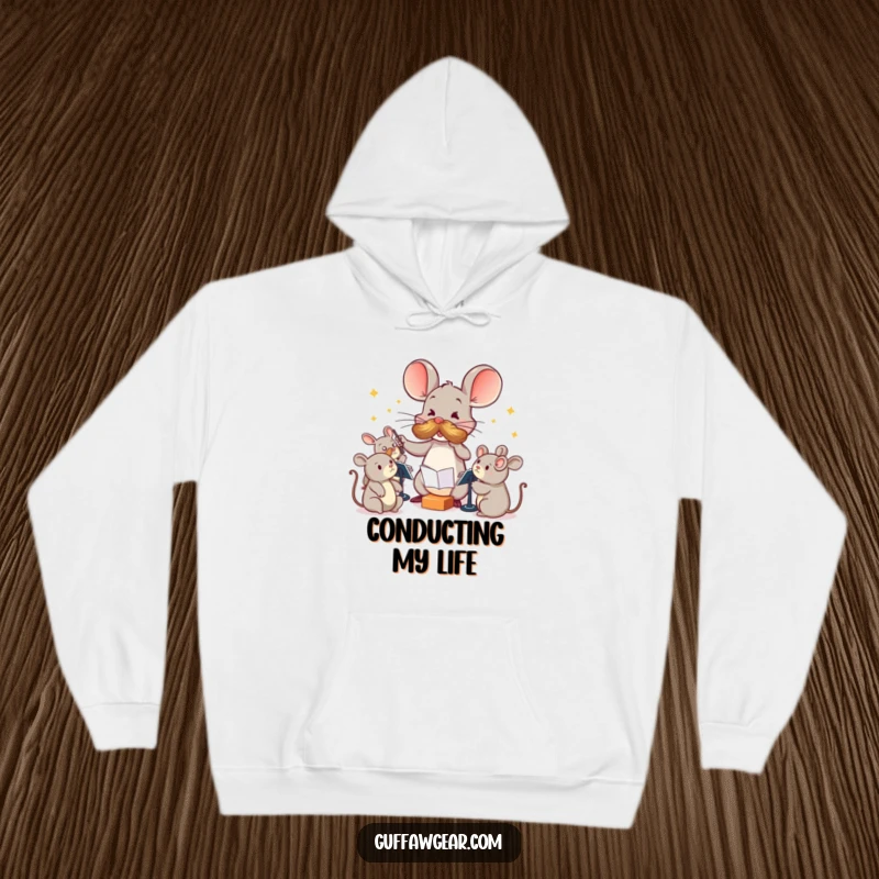 Funny Maestro Mouse Hoodie: A mouse with a majestic mustache comically conducts squeaky toys, a warm and humorous design.