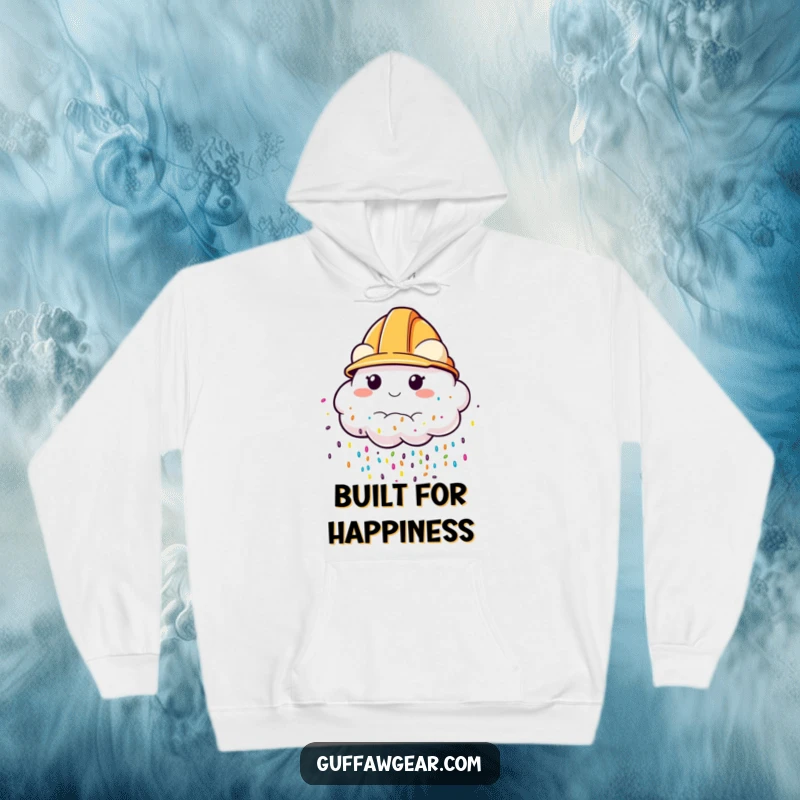 Funny Hoodie featuring a cloud character in a construction helmet, raining colorful sprinkles, offering cozy humor and a cheerful spirit.