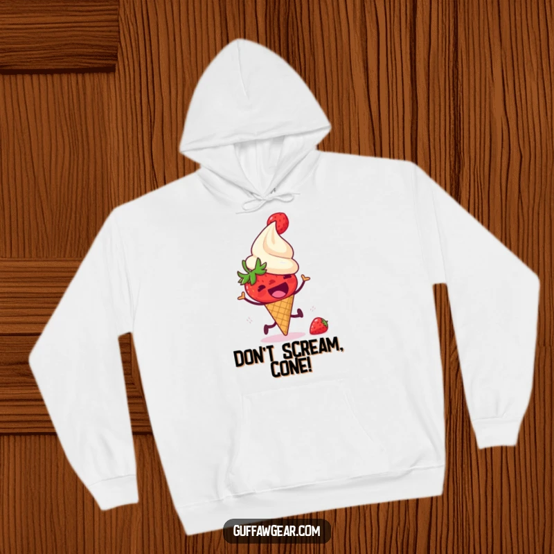 Funny hoodie featuring a startled strawberry running from a laughing ice cream cone, ideal for cozy wear and celebrating humorous dessert scenarios.