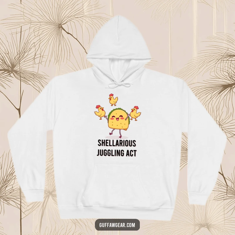 Funny hoodie depicting a taco character enthusiastically juggling multiple rubber chickens, offering warmth and a dose of silliness.