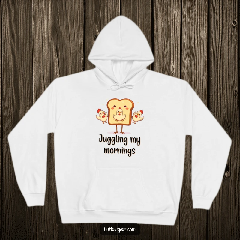 Funny Hoodie featuring a toast character with legs, juggling rubber chickens with excitement, offering cozy humor and playful vibes.
