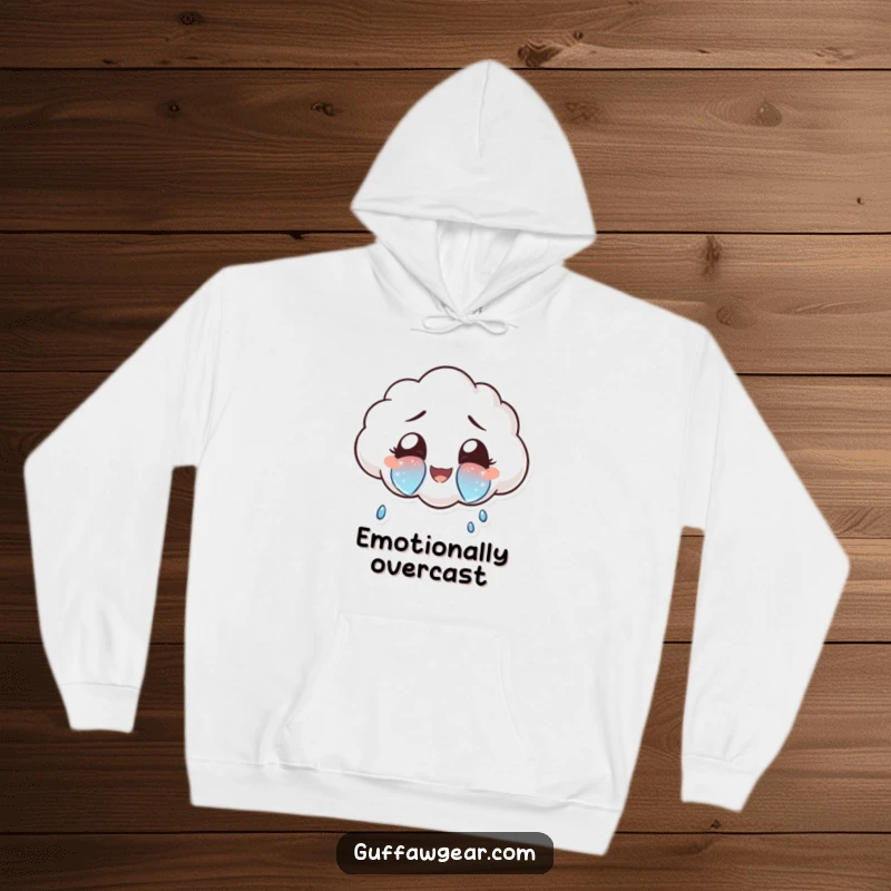 Funny cloud character crying big, sparkly tears of joy on a soft hoodie, perfect for cozy emotional expression.