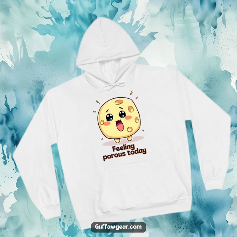 Funny Cheese Hoodie: A surprised piece of cheese character with holes rapidly appearing, a warm and humorous design.