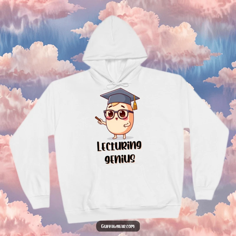 Funny hoodie depicting a food character with a graduation cap and spectacles, lecturing with academic flair, perfect for cozy study sessions.