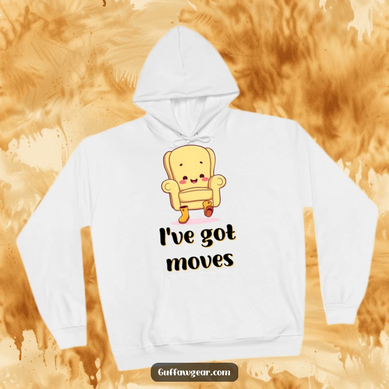 Funny hoodie displaying a joyful armchair character wearing boots and performing a funny, clumsy jig, perfect for cozy, humorous lounging.