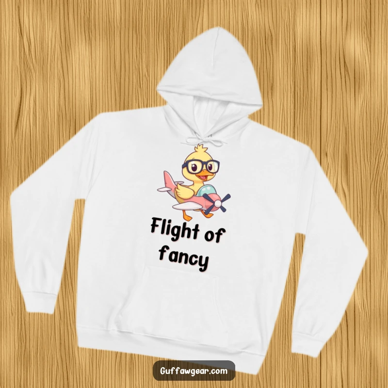 Funny hoodie featuring a duck wearing large glasses, comically piloting a miniature airplane, a warm and humorous aviation gift.
