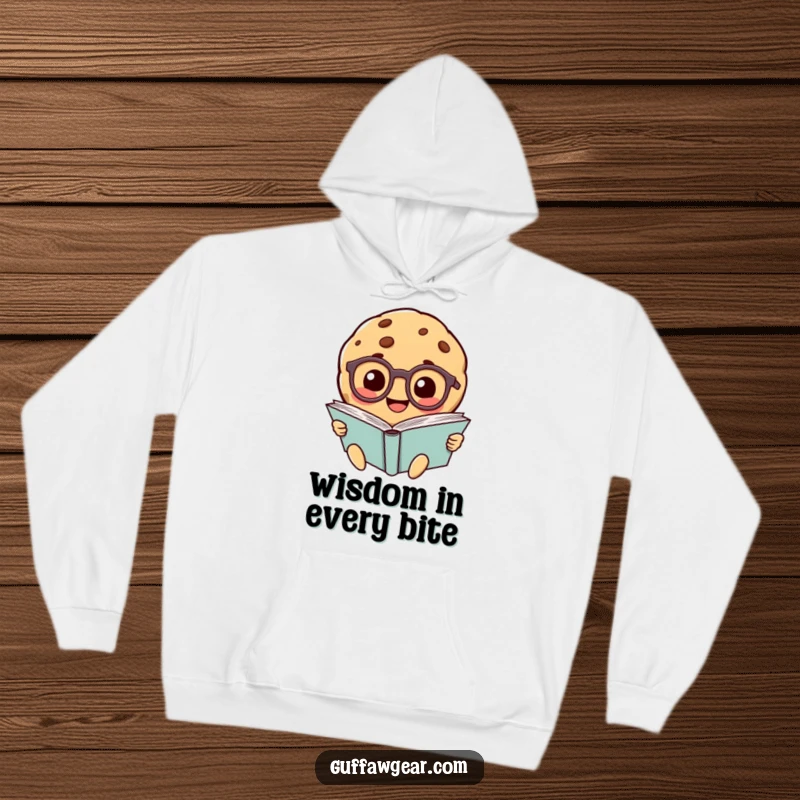 Funny smiling cookie character wearing tiny glasses, engrossed in reading a giant book, printed on a warm and comfortable hoodie.